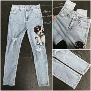 Jeans Fashion Style Korea กางเกงยีนส์ แฟชั่น ขายาวเดป ทรงสวย แต่งขาดหน้าขาเบาๆ