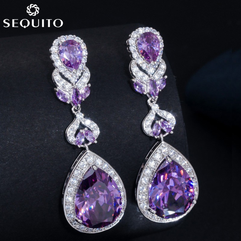 SEQUITO หรูหราสีม่วงคริสตัลต่างหู Zirconia คริสตัล Pear ตัดยาว Drop ผู้หญิงงานแต่งงานสีขาว Gold Plated เครื่องประดับ E196