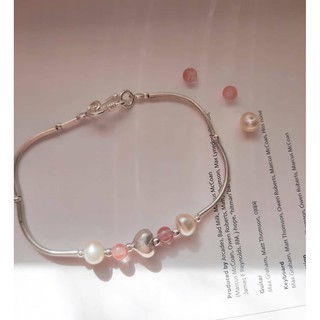 สร้อยข้อมือเงินแท้ Silver Bracelet with Pearl ° smooth round cherry quartz