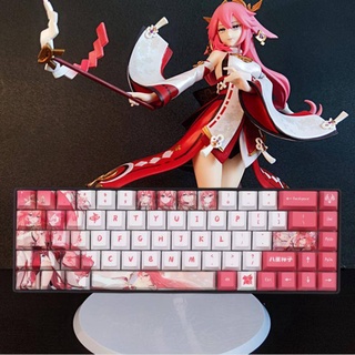 Genshin Impact Yae Miko Keycap ปุ่มกดคีย์บอร์ด PBT ลายเชอร์รี่ สีชมพู สีขาว 132 ชิ้น