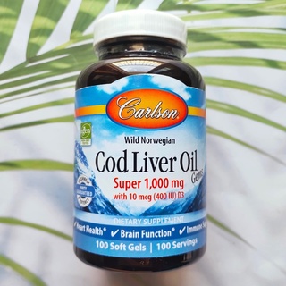 น้ำมันตับปลาจากนอเวย์ Wild Norwegian Cod Liver Oil Gems, Super 1000 mg*100 Softgels (Carlson Labs) Purity Guaranteed