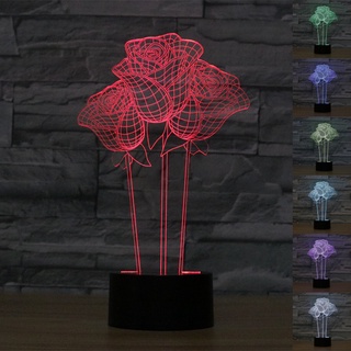 โคมไฟตั้งโต๊ะ LED รูปดอกกุหลาบ 3D ไล่โทนสี 7 สี โรแมนติก ของขวัญ USB