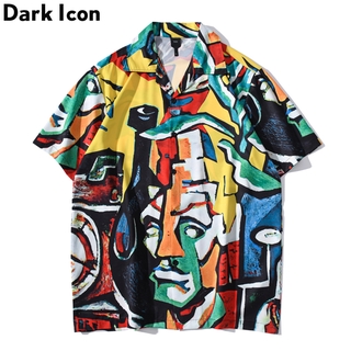 เสื้อเชิ้ต แขนสั้น พิมพ์ลาย สไตล์ฮิปฮอป สําหรับผู้ชาย Graffiti Full Printed Button Down Vintage Mens Shirts Male Top 2023 Summer