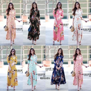 MaxiDress แม็กซี่เดรสเชิ้ตยาว แขนยาว ผ้าโฟร์เวย์ พิมพ์ลายดอกไม้ ติดกระดุมหน้ายาว