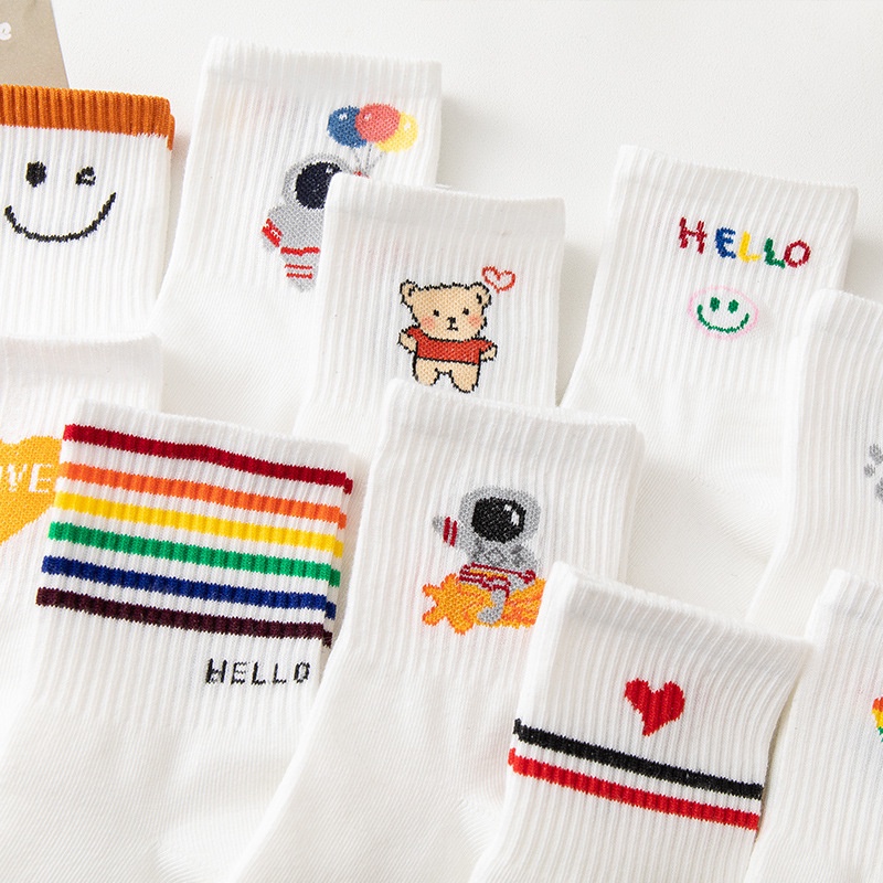 Kafu D532 White Cartoon Bear Rainbow Love Smiley Stripes Girls Socks