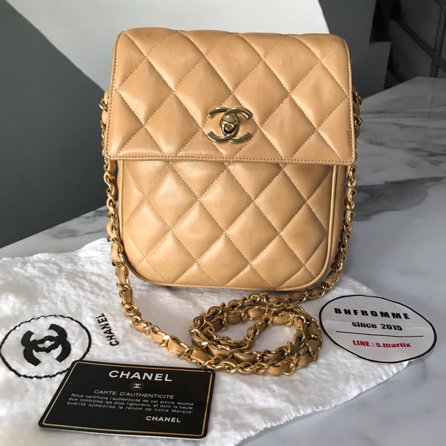 Vintage CHANEL classic flap quilted matelasse turn lock CC logo in beige