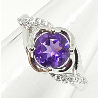 แหวน อเมทิสต์ (Amethyst) พลอยแท้ เจียรไน ทรงกลม ขนาด 7 มม.ตัวเรือนเงิน 925 ชุบทองคำขาว ขนาด 51,56