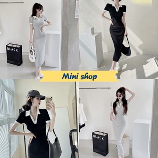 Mini Shop🌸พร้อมส่ง🌸 (28066) ชุดเดรสไหมพรม คอปกแขนสั้น กระโปรงยาว เรียบหรูดูแพงมาก
