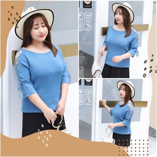 PMSWEET PLUSSIZE : PM4251 : พร้อมส่ง เสื้อผ้าไซส์ใหญ่ คนอ้วน สาวอวบ เสื้อยืดสีฟ้าถักลายร่องเล็ก ช่วงไหล่แต่งเชือกผ