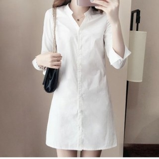 รหัส D504 เสื้อตัวยาว หรือมินิเดรส คอปิด แขนยาว สีขาว