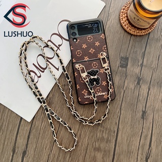 Lushuo เคสโทรศัพท์มือถือ ปิดด้านหลัง ลายหมีน่ารัก 3D พร้อมสายโซ่สั้น และยาว สําหรับ Samsung Galaxy Z Flip 3 5G and Z Flip 4 1/2 Z Flip3 ZFlip3 ZFlip 3 Z Flip4 ZFlip 4