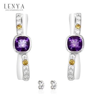 Lenya Jewelry ต่างหูอะเมทิสต์ ประดับด้วยซิทรินและคิวบิคเซอร์โคเนีย ตัวเรือนเงินแท้ชุบทองขาว สวยสะกดใจ