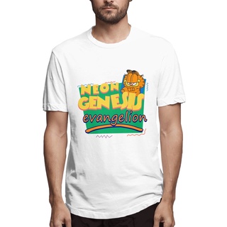 เสื้อยืดแขนสั้นลําลอง ผ้าฝ้าย 100% พิมพ์ลาย Neon Genesis Evangelion Meets Garfield And Friends สีดํา พลัสไซซ์ XS-XXXL สําหรับผู้ชาย ของขวัญวันเกิด