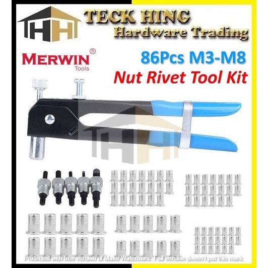 MERWIN 86pcs M3-M8 Hand Riveter Nut Rivet Gun Kit เกลียวอ่อนนุช Rive เครื่องมือ Rivet Nut (40- HR903