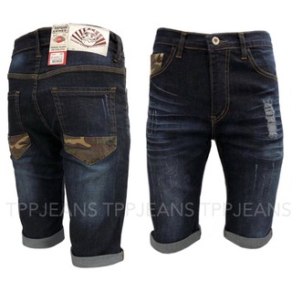 Camo Shorts Midnight Denim กางเกงยีนส์ขาสั้นยีนส์มิดไนท์บลูฟอกแต่งขาด ผ้ายืด กุ๋นกระเป๋าลายทหาร ทรงสวยเป้าซิป Size 28-36