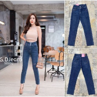 G.D.Jeans รุ่น 90092#กางเกงยีนส์ขายาวผ้ายืดเอวสูงเล่นกระดุมหน้าสองเม็ดแต่งขาดหน่วยๆ