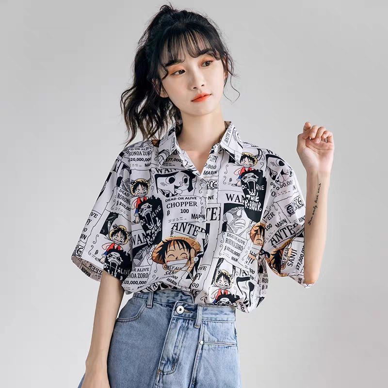 เสื้อเชิ้ตแขนสั้น เสื้อผ้าลายวันพีช สื้อแฟชั่นผู้หญิงสไตล์เกาหลี