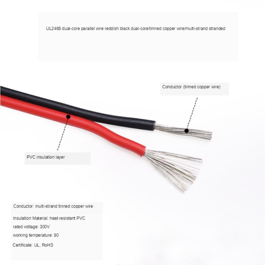 10 เมตร 22WG/24AWG/26AWG/28AWG UL2468 Double Core สายไฟ PVC ฉนวนทองแดงสาย 2Pin สายไฟสิ่งแวดล้อม