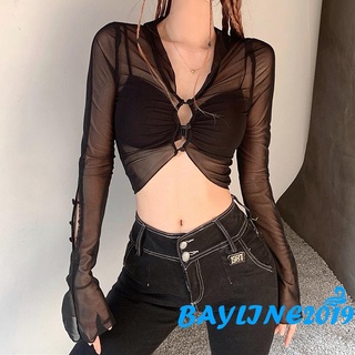 Bay- เสื้อครอปท็อปแขนยาว ผ้าตาข่าย แต่งกระดุม สไตล์สตรีท สําหรับผู้หญิง ใส่ไปคลับ