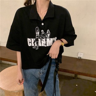 พร้อมส่ง เสื้อครอปสาวอวบพิมพ์ลาย oversize  เสื้อผ้ามินิมอลสไตล์เกาหลี  เสื้อครอปคอปกแขนสั้นผู้หญิง แฟชั่นวัยรุ่น น่ารัก