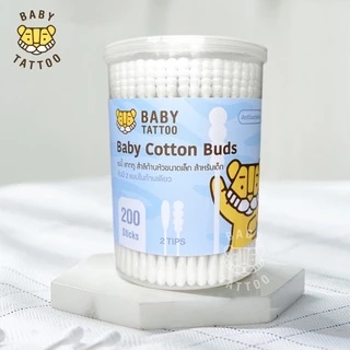 BABY TATTOO สำลีก้านสำหรับเด็ก 1 กล่อง 200 ชิ้น (1 กระปุก) ออกแบบหัวมินิ แบบผ้าฝ้าย สำหรับเด็กโดยเฉพาะ