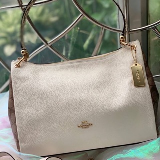 MIA SHOULDER BAG WITH SIGNATURE CANVAS DETAIL (COACH F77692) KHAKI/CHALK MULTI/GOLD