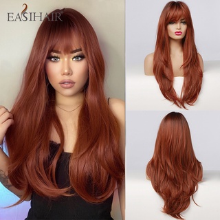 Easihair วิกผมสังเคราะห์ สีแดง สีน้ําตาลเข้ม วิกผมยาวหยักศก พร้อมหน้าม้า ไฟเบอร์สี วิกผมคอสเพลย์ สําหรับผู้หญิง สีดํา ทนความร้อน