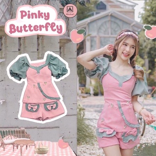 Aileen brand : Pinky Butterfly ไซส์s มือ1 เซทชมพูตัดเขียวมิ้น เซท2ชิ้นเสื้อ+กางเกงขาสั้น ตกแต่งด้วยดอกไม้เล็กๆ ลุคคุณหนู