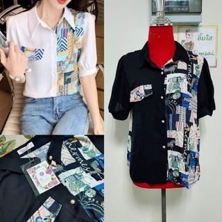 ป้าย Fashion เสื้อเชิ๊ตแขนล้ำ ทูโทน