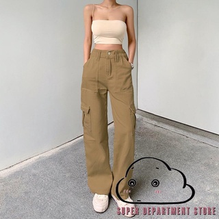 SUPER-Women Fashion Cargo Pants High Waist Straight-leg Buckle Jeans with Pockets