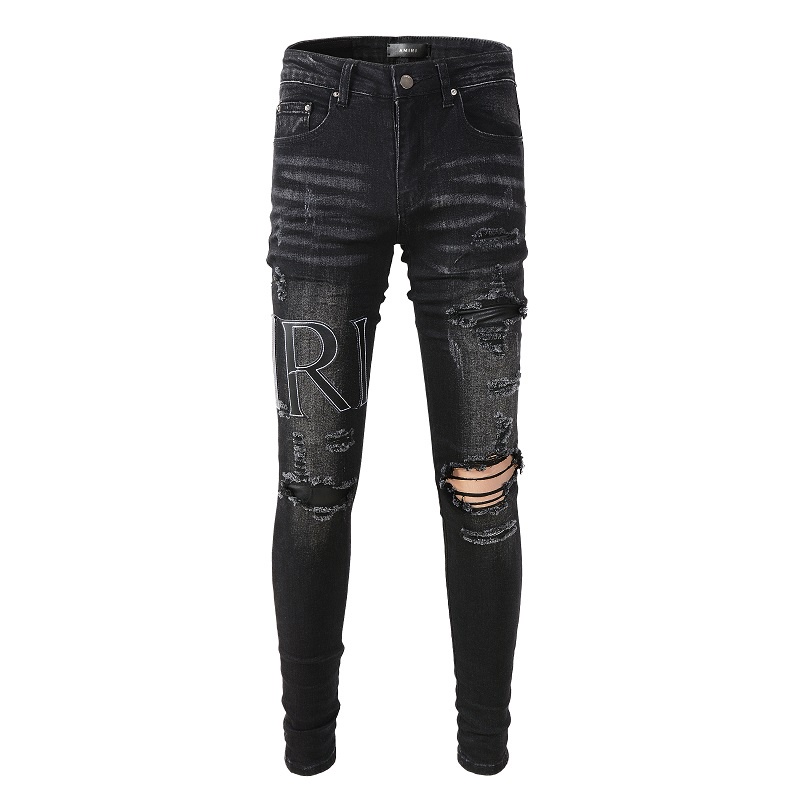 AMIRI black appliqué embroidered letters stretch slim jeans