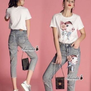 Korea Design By Lavida Pretty pig embroidery denim set