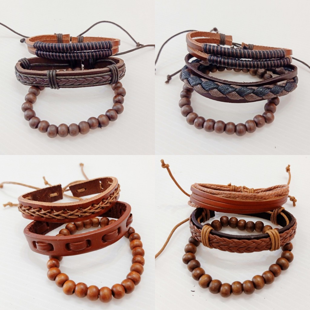 กำไล สร้อยข้อมือ กำไลข้อมือ หนังแท้ 1 set มี 3 ชิ้น ปรับขนาดได้ ทำจากหนังวัวแท้ ส่งจากไทย