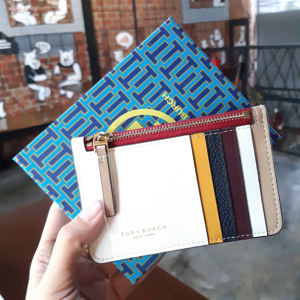 แท้ ?%‼) TORY BURCH PERRY COLOR-BLOCK TOP-ZIP CARD CASE | Shopee Thailand