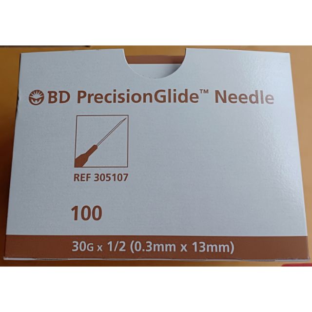 BD precision Glide Needle ขนาด30g x1/2(.30mm x13mm)บรรจุกล่องละ 100ชิ้น. ผลิตในอเมริกา