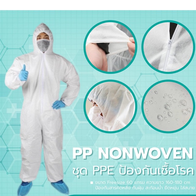 ชุด PPE ชุดป้องกัน (5ชุด) ชุดหมี สีขาว ป้องกันสารคัดหลั่ง PPNONWOVEN 60 แกรม