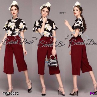 J12272 Set 2 ชิ้น เสื้อคอจีนลายดอก+กางเกงขาสี่ส่วนผูกเอว