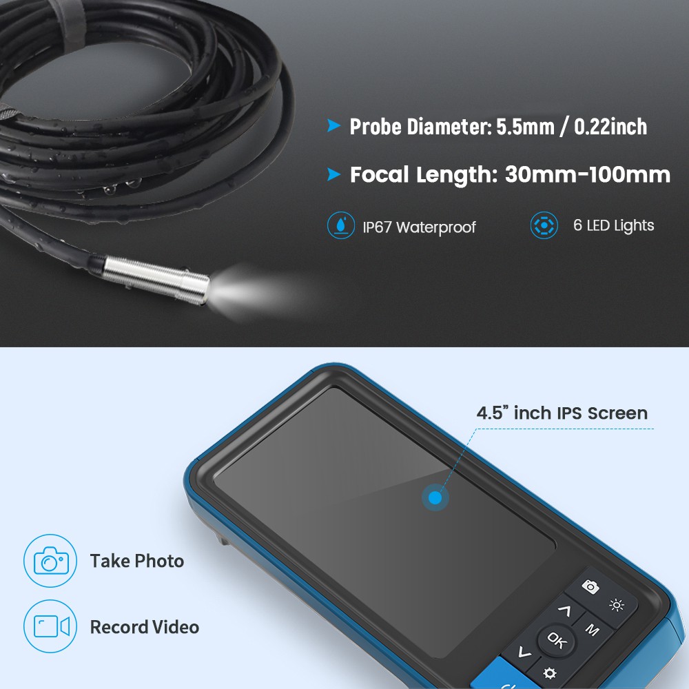 MINI 4.5inch HD Color Screen Digital Endoscope 5.5mm Single Lens IP67 ...