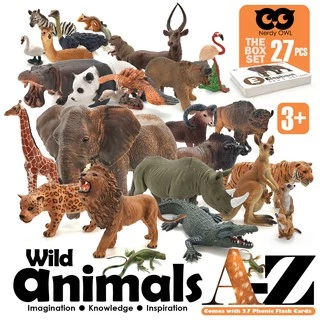ของเล่นสัตว์ป่า A-Z 27 ตัวพร้อมแฟลชการ์ดคู่กัน พร้อมกล่องหูหิ้ว ของเล่นเสริมพัฒนาการ Nerdy Owl Wild Animas A-Z Toy Set