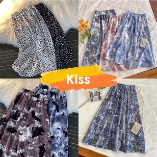 Kiss.shop🌈พร้อมส่ง🌈กระโปรงยาวคลุมเข่าลายหินอ่อน เอวสม็อค ขนาดฟรีไซส์(Kpkp)