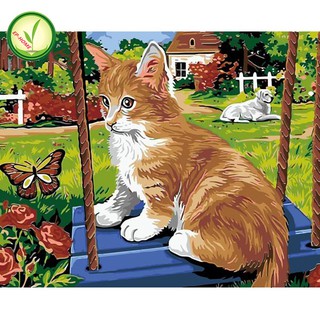 EP-HOME DIY ภาพวาดสีน้ำมัน ภาพระบายสีตามตัวเลข Cute kitten swing cat unframe