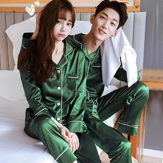 🍁3830🍁ชุดนอนผ้าซาตินแขนยาว+กางเกงขายาว สีพื้น ไซส์ M-2XL ใส่ได้ทั้งชายและหญิง