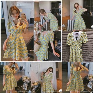ชุดมินิเดรส ลายดอก ทรงป้าย ผูกข้าง คอแต่งลูกไม้