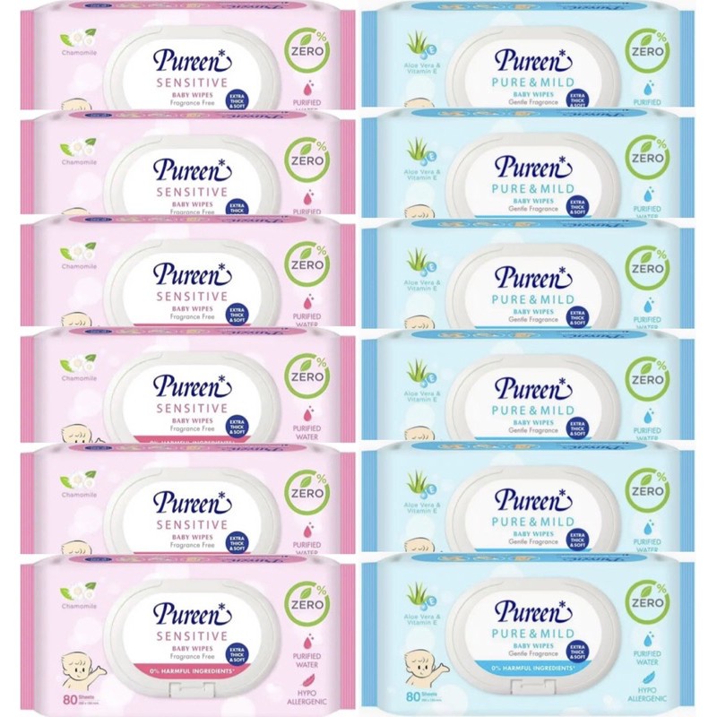Pureen เพียวรีน ทิชชู่เปียก สีฟ้าและสีชมพู ขนาด 80 ชิ้นแพ็ค6ห่อ