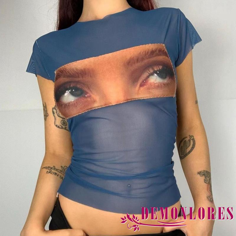 Demonlorest-ตลกตาพิมพ์เสื้อยืด 2000s ความงามตาข่าย Crop Tops Grunge เสื้อผ้า Vintage Harajuku กราฟิก Tee y2k Streetwear