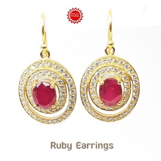 ต่างหู ทับทิม ( Ruby ) เจียรไนรูปไข่ ขนาด 5×7 มม.ตัวเรือนเงินแท้ ชุบทอง 22K