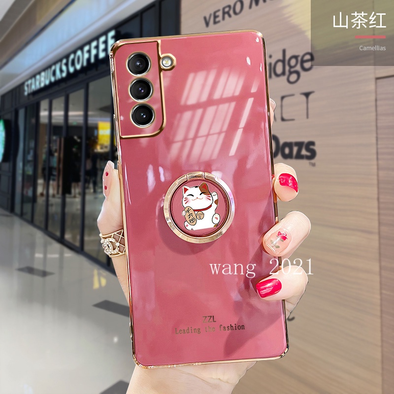 Casing เคส Samsung Galaxy S22 S21 FE 5G + Ultra 5G Candy Color Electroplating Phone Case with Lucky Cat Finger Ring Stand เคสโทรศัพท