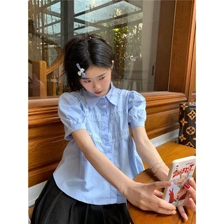 BH Summer เสื้อเชิ้ตแขนสั้นผู้หญิง แขนฟองหลวม