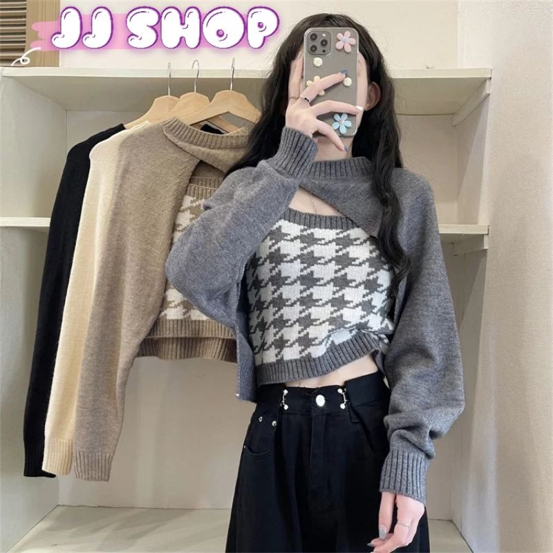 JJ Shop ​พร้อมส่ง เซ็ท เสื้อกล้ามไหมพรม+เสื้อครอปแขนยาว ลายชิโนริ น่ารักมาก "9A55+9A56"