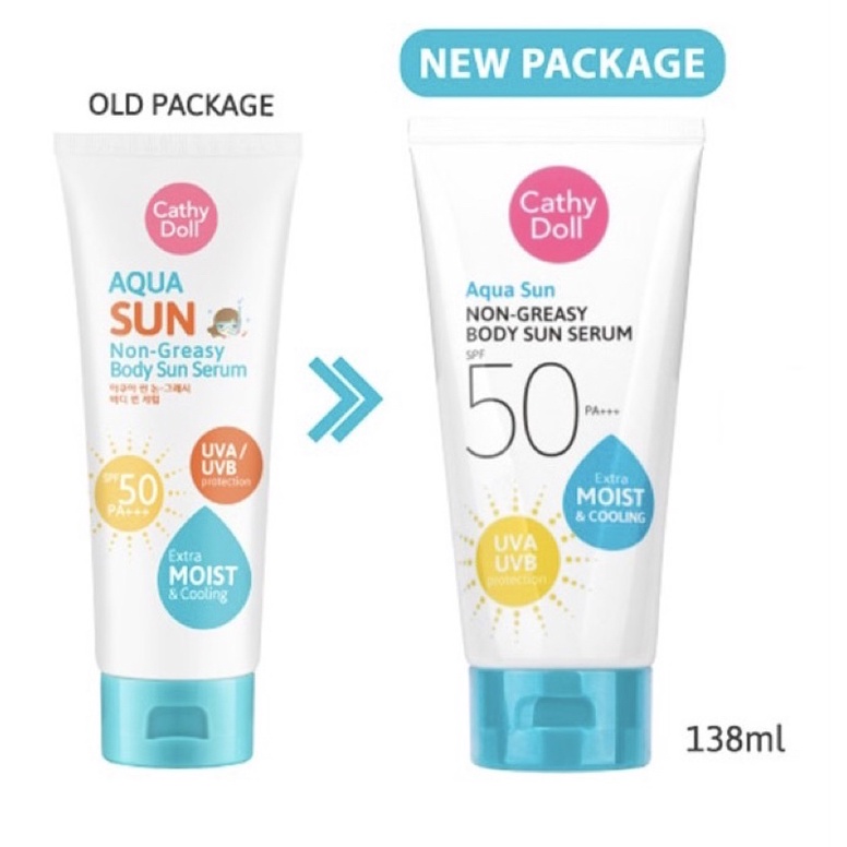 กันแดดเนื้อน้ำ Cathy Doll Aqua Sun Non Greasy Body Sun Serum SPF50 PA+++ 50 ขนาด 50ml และ 138ml Cathy Doll